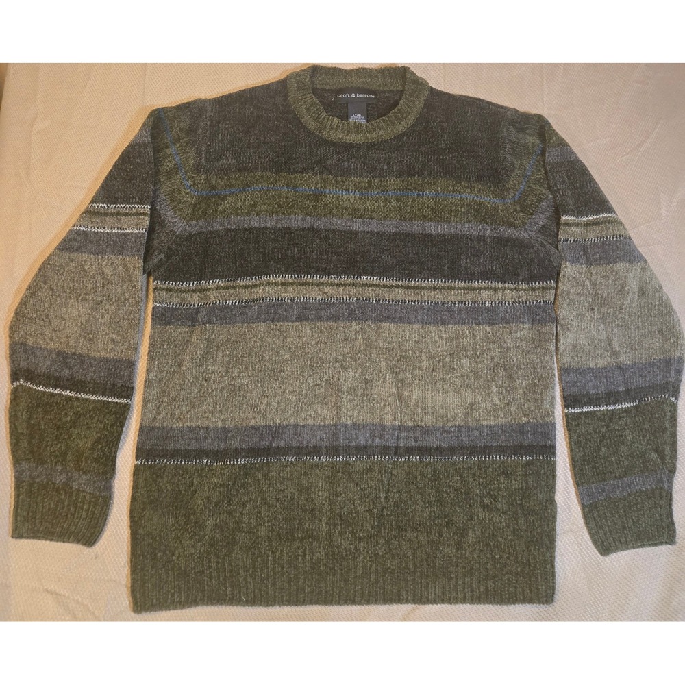 Croft & Barrow Mens Large Tall Green Grey Striped Chenille Crew Neck Sweater LT
